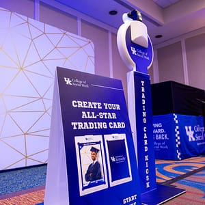 A custom trading card photo booth setup